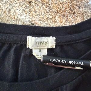 TINY Anthropologie Black Crewneck Top with eyelet lace long hem- Small